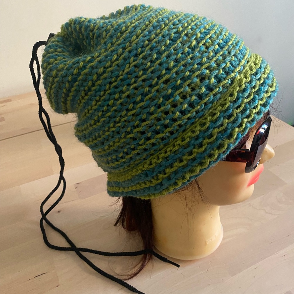 Convertible Hand-Knit Green and Blue hat-scarf.